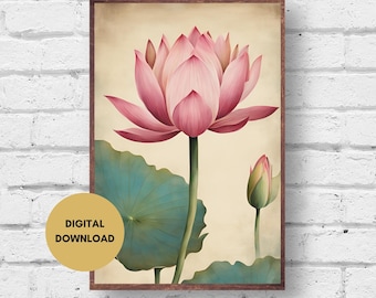 Pink Lotus Painting, Digital Print, Lotus Wall Art, Flower Poster, Floral Art, Lotus Illustration, Pink Lotus Print, Japandi Wall Art