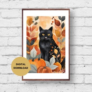 Herbstkatzendruck, Katzen Wandkunst, Digitaldruck, schrullige Katzenkunst, Katzenposter, Bunte Katzendruck, Retro Wandkunst, Halloween Katze, Kunst Schwarze Katze