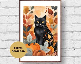 Fall Cat Print, Cat Wall Art, Digital Print, Autumn Wall Decor, Colourful Feline, Retro Wall Art, Halloween Cat, Black Cat Poster, Fall Art