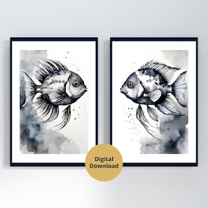 Watercolor Fish Print Set of 2, Digital Download, Modern Coastal Art, Blue Grey Fish Painting, Fish Illustration, Beach House Art, Printable