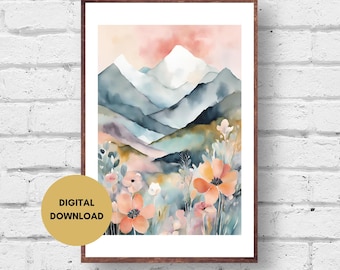 抽象的な山の絵画：パステルレインボー水彩画（デジタルダウンロード