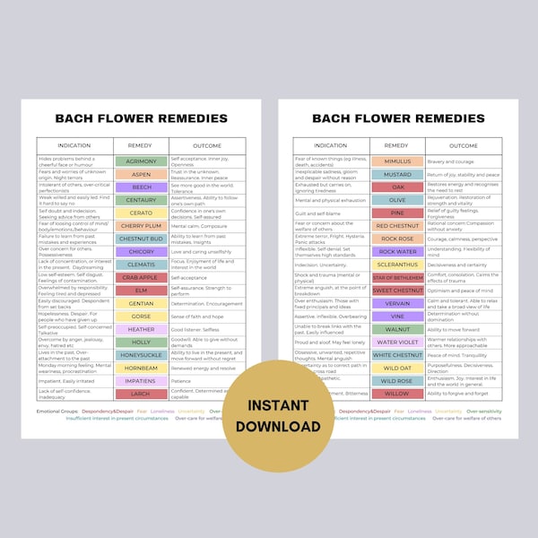 Bach Flower Remedies Chart, 38 Bach Flower Remedy Poster, Bach Flower Printable, Flower Essences Guide Wall Chart, Bach Flower Digital Print