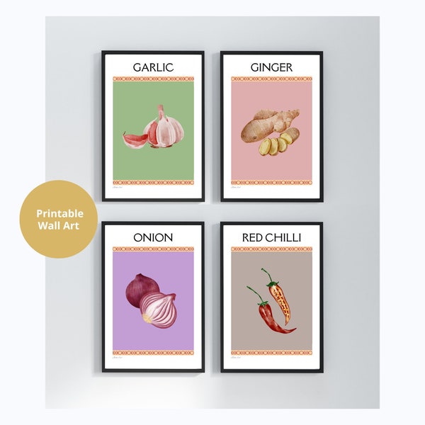 Vegetable Art Prints, Set of 4, Digital Download, Retro Vegetable Print, Garlic, Ginger, Onion, Red Chilli, Poster Print Wall Art Set