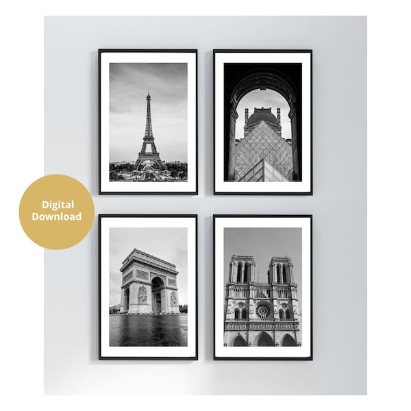 Paris Print Set, Digital Download, Paris Poster Black and White, Paris Photos, Set of 4, Eiffel Tower, Arc de Triomphe, Notre Dame, Louvre