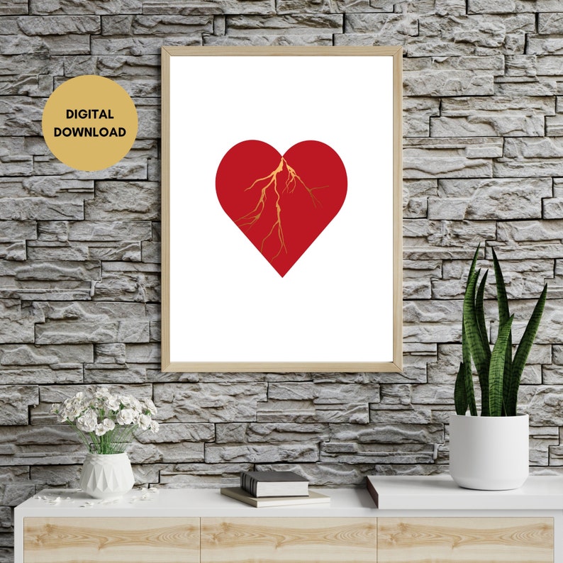 Kintsugi Red Heart Wall Art Print Digital Download Japanese Etsy
