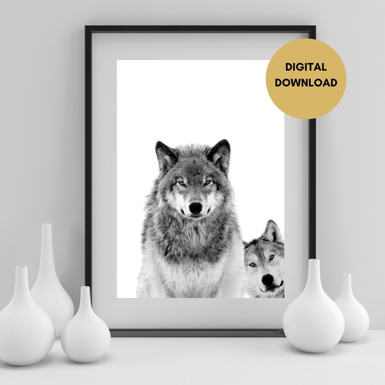 May include: Black and white digital download print of two wolves. The wolf in the foreground is looking directly at the viewer. The wolf in the background is looking to the side. The print is framed in a black frame.