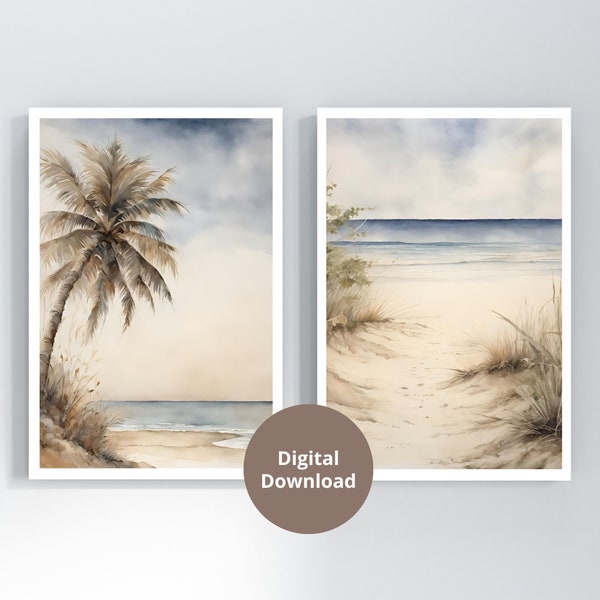 Aquarel strand prints set van 2, digitale download, kunst aan de kust, palmboom print, oceaan print, tropische muur kunst poster, pastel strand