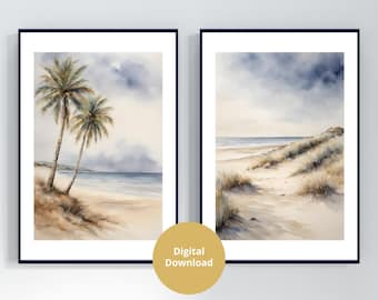 Watercolor Beach Prints Set of 2, Digital Download, Coastal Wall Art, Palm Tree Print, Ocean Print, Tropical Wall Art Poster, Pastel Beach