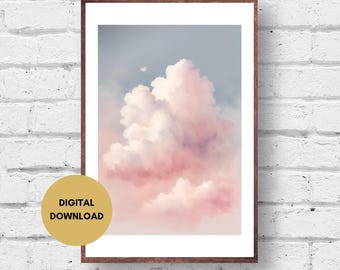 Pink Cloud Wall Art, Digital Download, Cloud Painting, Pink Cloud Artwork, Cloud with Heart, Pink and Blue Wall Art, Sky Print Wall Art