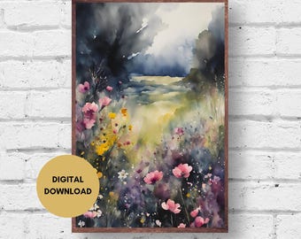 Watercolor Dark Wildflower Wall Art, Digital Print, Dark Landscape, Countryside Wall Art, Moody Wildflower Print, Dark Moody Landscape Art