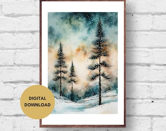 Pode incluir: Pintura em aquarela de três pinheiros em uma floresta nevada. O céu é uma mistura de azul, verde e laranja com flocos de neve brancos caindo. As árvores estão silhuetas contra o céu.