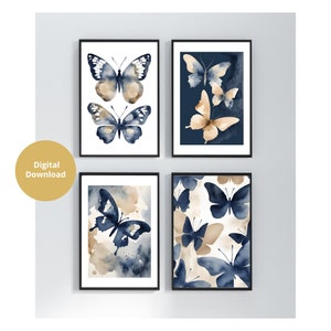 Butterfly Wall Art, Set of 4, Digital Download, Butterfly Print, Watercolor Butterfly Painting, Butterfly Printable, Blue Butterfly Gallery