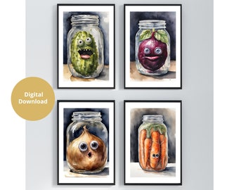 Pickled Veg Print, Set of 4 Digital Download, Funny Kitchen Print, Pickle Beetroot Onion Carrot, Quirky Wall Art Print, Vegetable Print