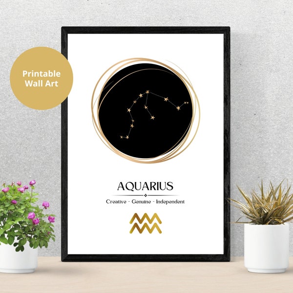 Aquarius Print Digital Download, Aquarius Zodiac Poster, Astrology Wall Art, Star Sign Print, Zodiac Printable Wall Art, Digital Print