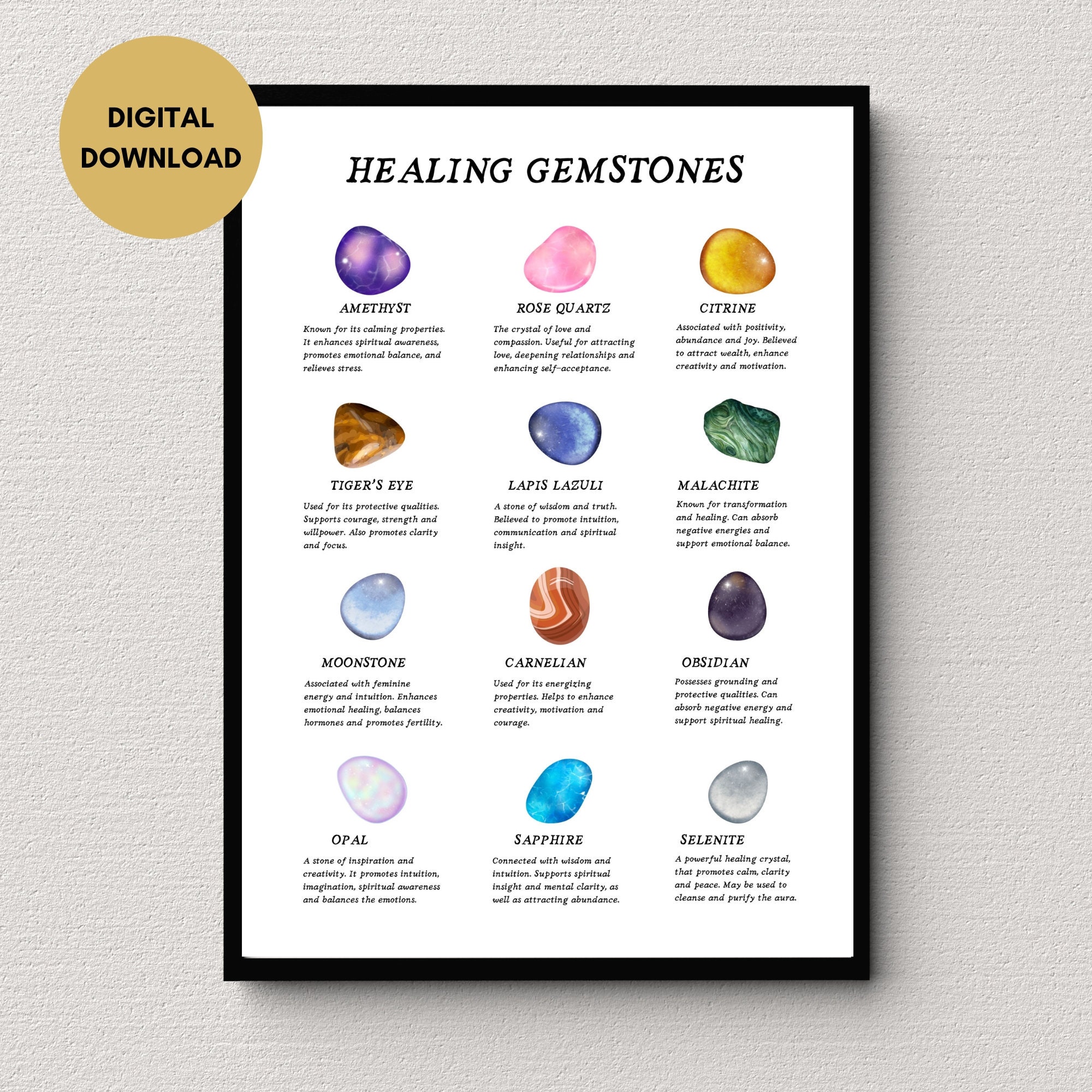 Healing Gemstones Print, Healing Crystals Poster, Digital Download ...