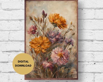 Moody Flower Painting, Digital Print, Vintage Style Flower Art, Rustic Flower Print, Cottagecore Wall Art, Wildflower Art, Plant Wall Art