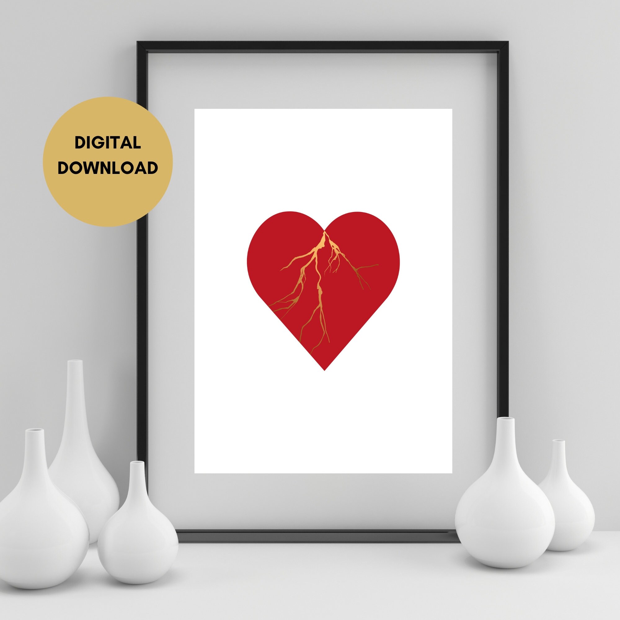 Kintsugi Red Heart Wall Art Print Digital Download Japanese Etsy