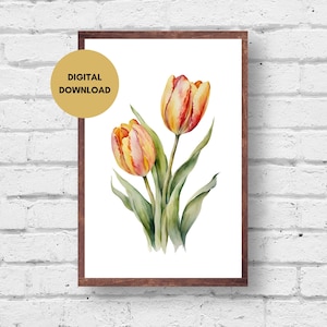 Tulip Print, Digital Download, Watercolor Tulip Painting, Spring Flower Print, Floral Botanical Art, Watercolor Flower Wall Art Printable