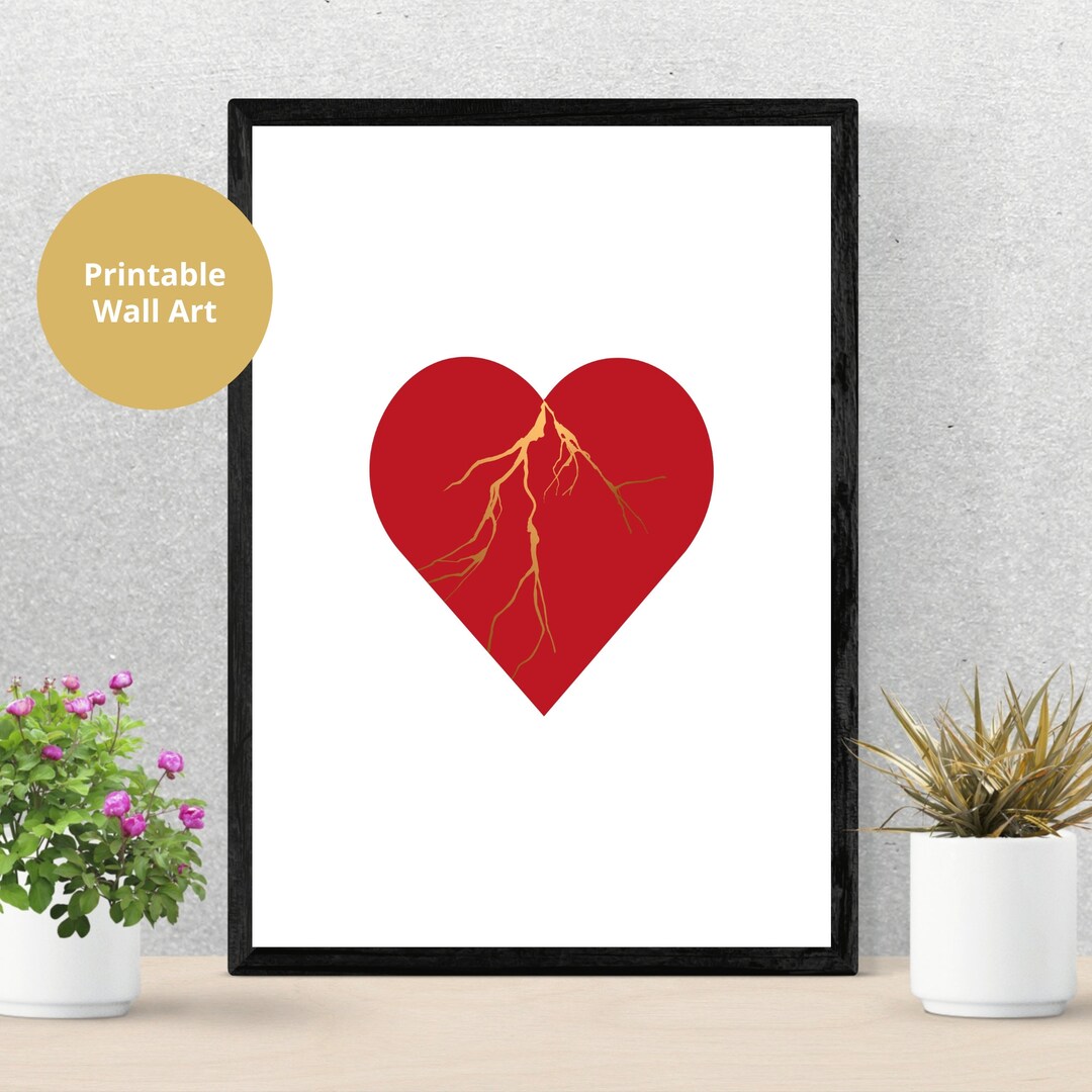 Kintsugi Red Heart Wall Art Print Digital Download Japanese Etsy