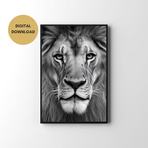Lion Print Digital Download, Cool Lion Photo Black and White Printable, Lion Picture Wall Art, Poster Digital Print, Jungle Home Decor