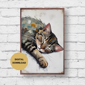 Sleeping Cat Print, Cat Wall Art, Digital Print, Quirky Cat Art, Cat Poster, Cat Painting, Retro Wall Art, Tabby Cat Art, Sleepy Cat Print