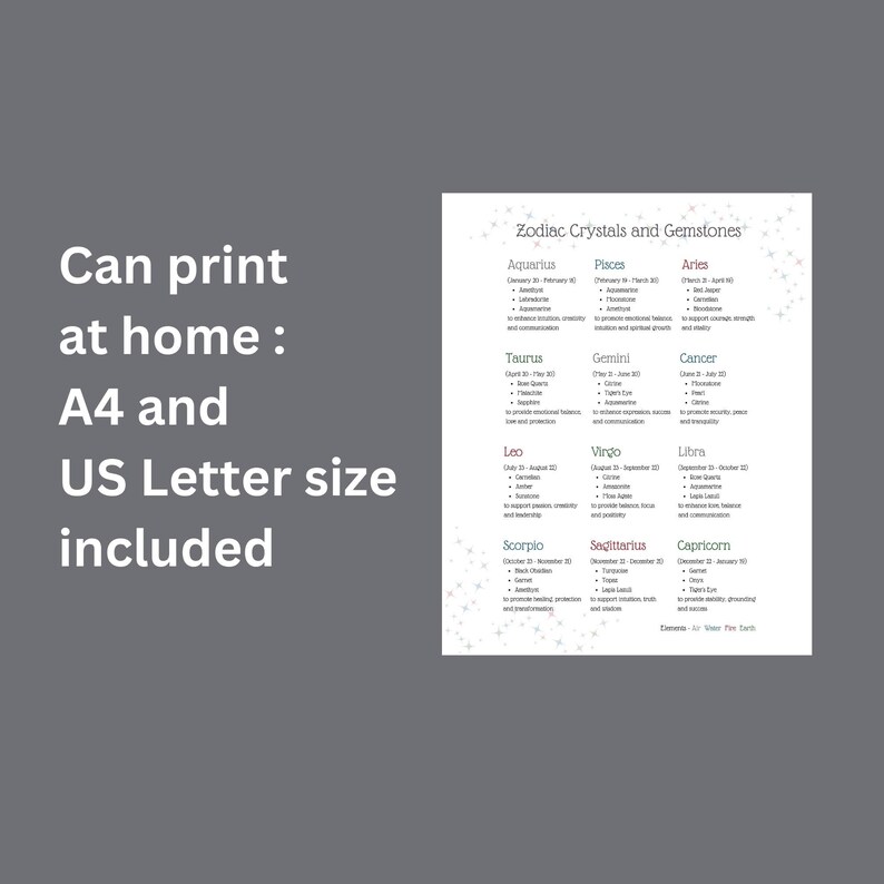 May include: Printable chart listing zodiac signs, dates, and corresponding crystals and gemstones. The chart includes the elements of each sign: Air, Water, Fire, Earth.  The chart is available in A4 and US Letter sizes.
