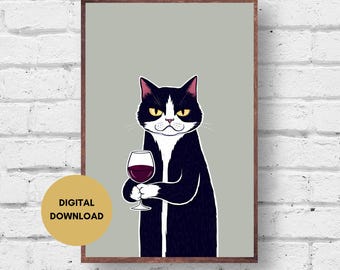 Kat en wijn muur kunst print, digitale download afdrukbare, kattenliefhebber muur decor, wijn kat print, kat kunst aan de muur, wijn kunst aan de muur, grappige kat print
