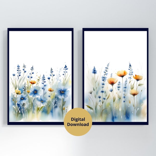 Watercolor Wildflower Prints Set of 2, Digital Download, Wildflower Field Print, Floral Watercolor, Printable Colorful Flower Art Painting