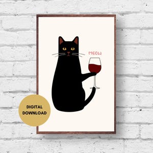 Stampa artistica da parete con gatto e vino, download digitale stampabile, decorazione da parete per amanti dei gatti, stampa con gatto e vino, decorazione da parete con gatto, decorazione da parete con vino, stampa con gatto miagolante
