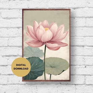 Rosa Lotus Gemälde, Digitaldruck, Lotus Wandkunst, Blumen Poster, Blumenkunst, Lotus Illustration, rosa Lotus Druck, Japandi Wandkunst