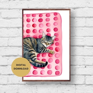 Sleeping Tabby Cat Print, Cat Wall Art, Digital Print, Quirky Cat Art, Cat Poster, Colourful Cat Print, Retro Wall Art, Boho Cat, Sleepy Cat