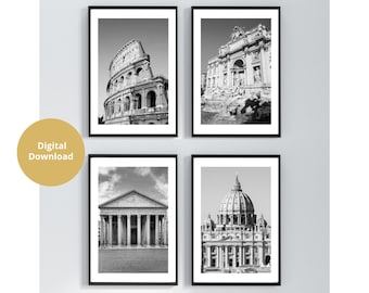 Rome Print Set Digital Download, Rome Poster Black and White, Rome Photos, Set of 4, Colosseum, Trevi Fountain, Pantheon, St Peter's Vatican