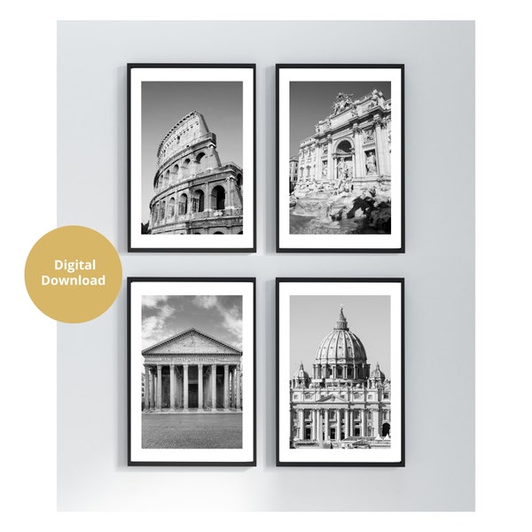 Rome Print Set Digital Download, Rome Poster Black and White, Rome Photos, Set of 4, Colosseum, Trevi Fountain, Pantheon, St Peter's Vatican