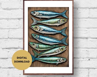 Retro Sardynki Ryby Druk, Druk Cyfrowy, Ilustracja Ryby, Sztuka Domu Na Plaży, Sztuka Ścienna Sardynki, Druk Ryby, Sztuka Ryby Retro, Dekoracja Ryb