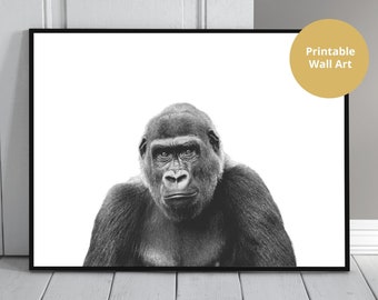 Gorilla Print, Digital Download, Black and White, Gorilla, Printable, Wall Art, Gorilla Picture, Animal, Digital, Print, Jungle Animal, Wild