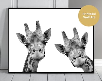 Giraffe Photo, Digital Download, Black and White Giraffe Print, Animal Wall Art