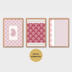 Pink Pattern Art Prints, Set of 3, Digital Prints, Indian Fabric Pattern Wall Decor, Textile Prints, Pink Wall Art, Gallery Wall Set