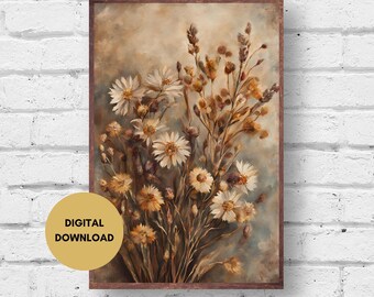 Moody Flower Painting, Digital, Vintage Style Flower Art, Dark Rustic Print, Cottagecore, Floral Botanical