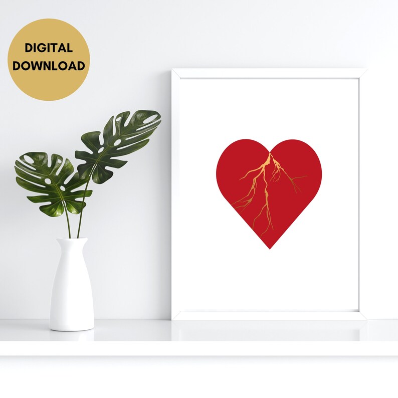 Kintsugi Red Heart Wall Art Print Digital Download Japanese Etsy