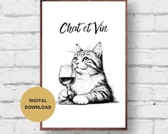 Französischer Katzenweindruck, Katzenwandkunst, Digitaldruck, schrullige Katzenkunst, Katzenposter, Katzendruck, Retro Wandkunst, Chat et Vin Poster, lustige Katzenkunst