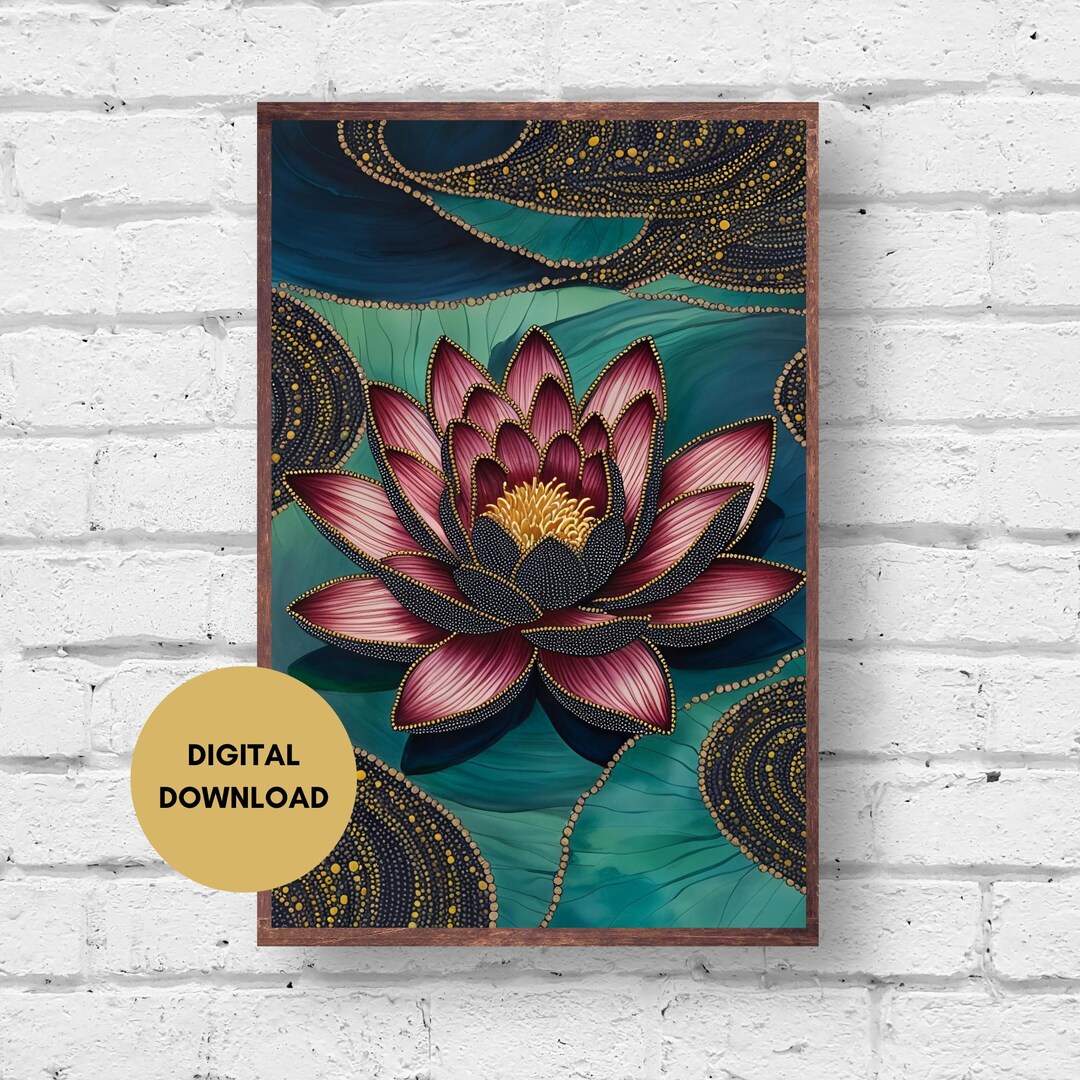 Lotus Art Print, Digital Print, Turquoise Blue and Pink Lotus Wall Art ...