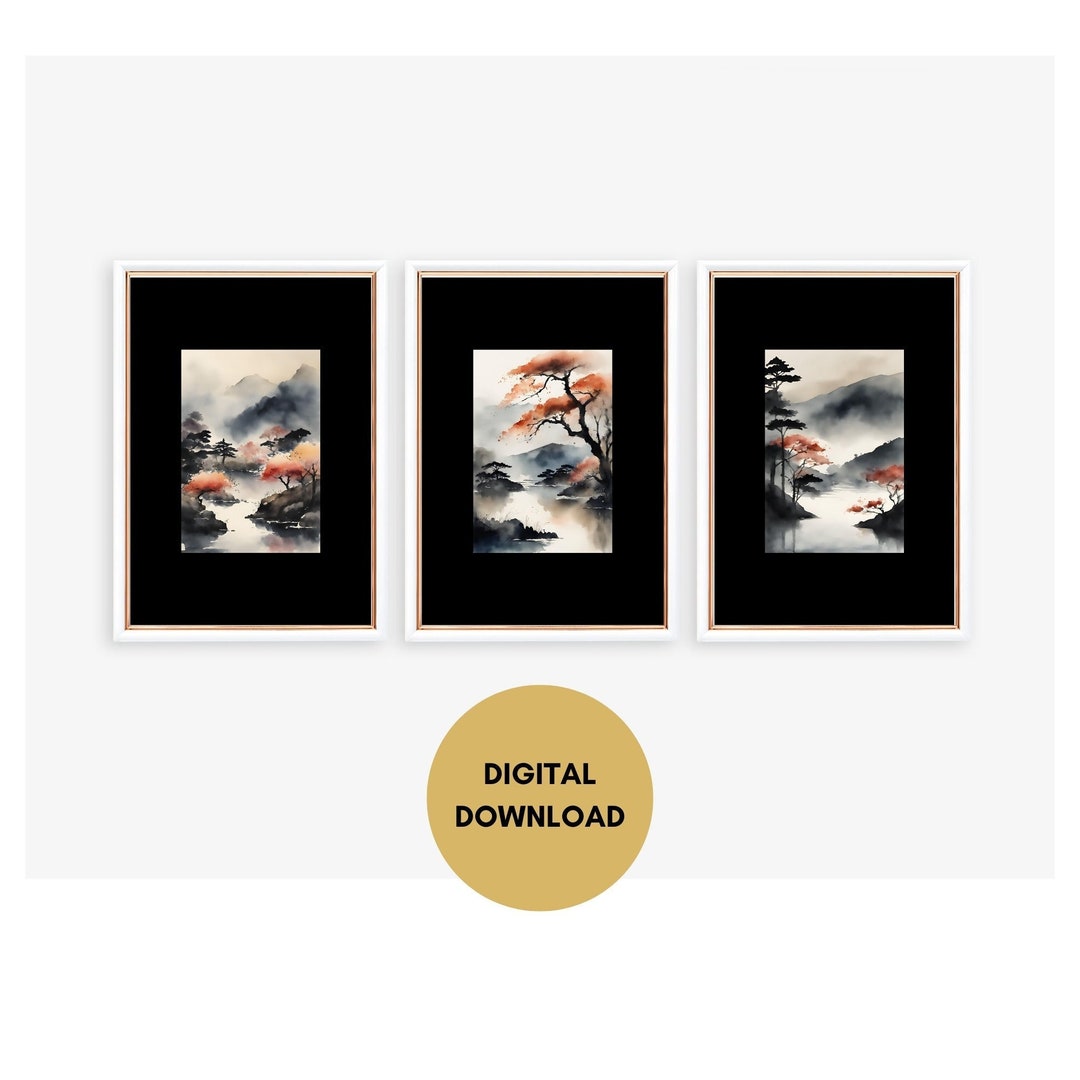 Japanese Wall Art Set of 3 Prints, Digital Download, Watercolor ...
