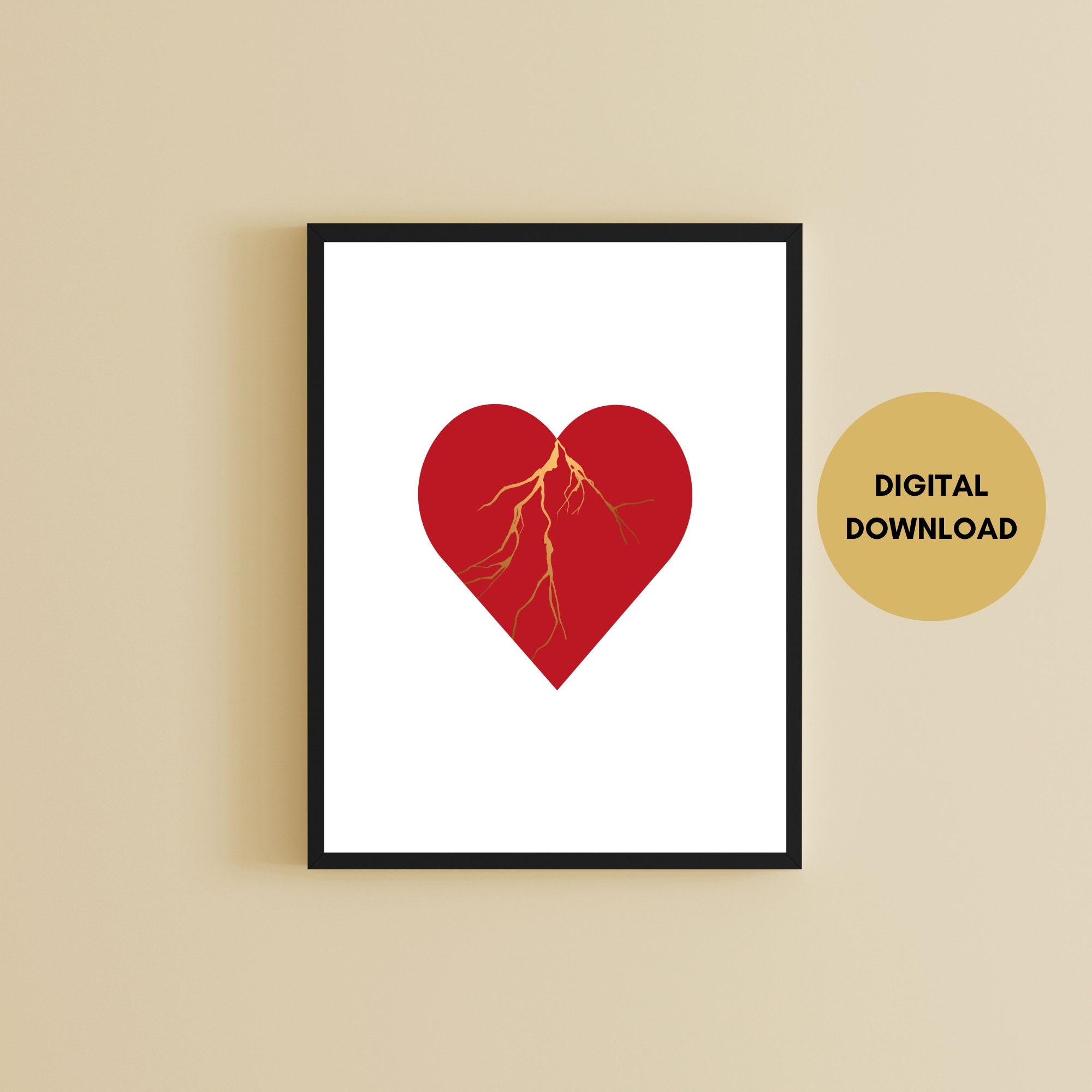 Kintsugi Red Heart Wall Art Print Digital Download Japanese Etsy