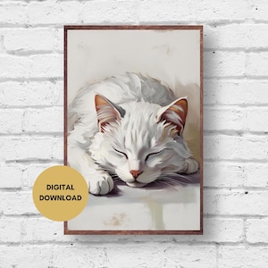 Sleeping White Cat Print, Cat Wall Art, Digital Print, Cat Painting, Cat Poster, Cozy Cat Print, Retro Wall Art, Cute Cat, Sleepy Cat