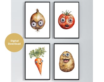 Veg with Faces Print, Set of 4 Digital Download, Funny Kitchen Art Print, Onion Tomato Carrot Potato, Quirky Wall Art Print, Vegetable Decor