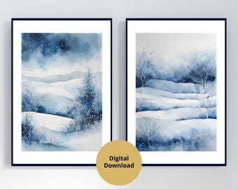 Watercolor Winter Wall Art, Set of 2, Digital Download, Winter Landscape, Winter Trees and Snow Print, Modern Winter Art, Winter Painting