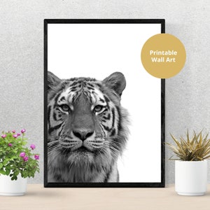 Tiger Print Digital Download, Cool Tiger Photo Black and White Printable, Tiger Picture Wall Art, Poster Digital Print, Jungle Home Decor
