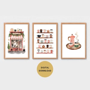 May include: Three framed watercolor prints featuring coffee shop themes. The left print depicts a coffee shop with a red and white striped awning. The middle print shows various mugs on shelves. The right print shows a coffee pot and cups on a tray.