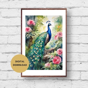 Watercolor Peacock Wall Art, Digital Download, Peacock Print, Bird Wall Art, Colorful Peacock, Tropical Bird Artwork, Peacock Wall Decor