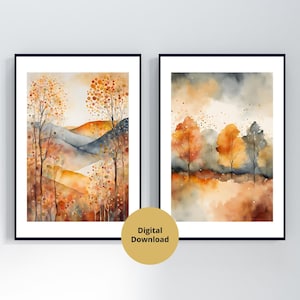 Watercolor Autumn Wall Art, Set of 2, Digital Prints, Fall Landscape Wall Art, Autumn Wall Decor, Autumn Prints, Nature Art Modern Fall Art